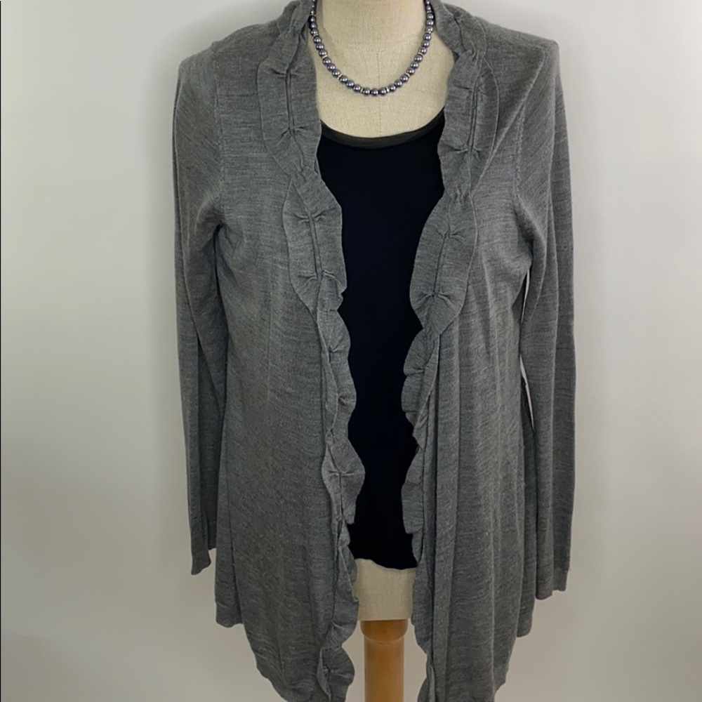 LOFT Gray Long Cardigan With Ruffled Edges